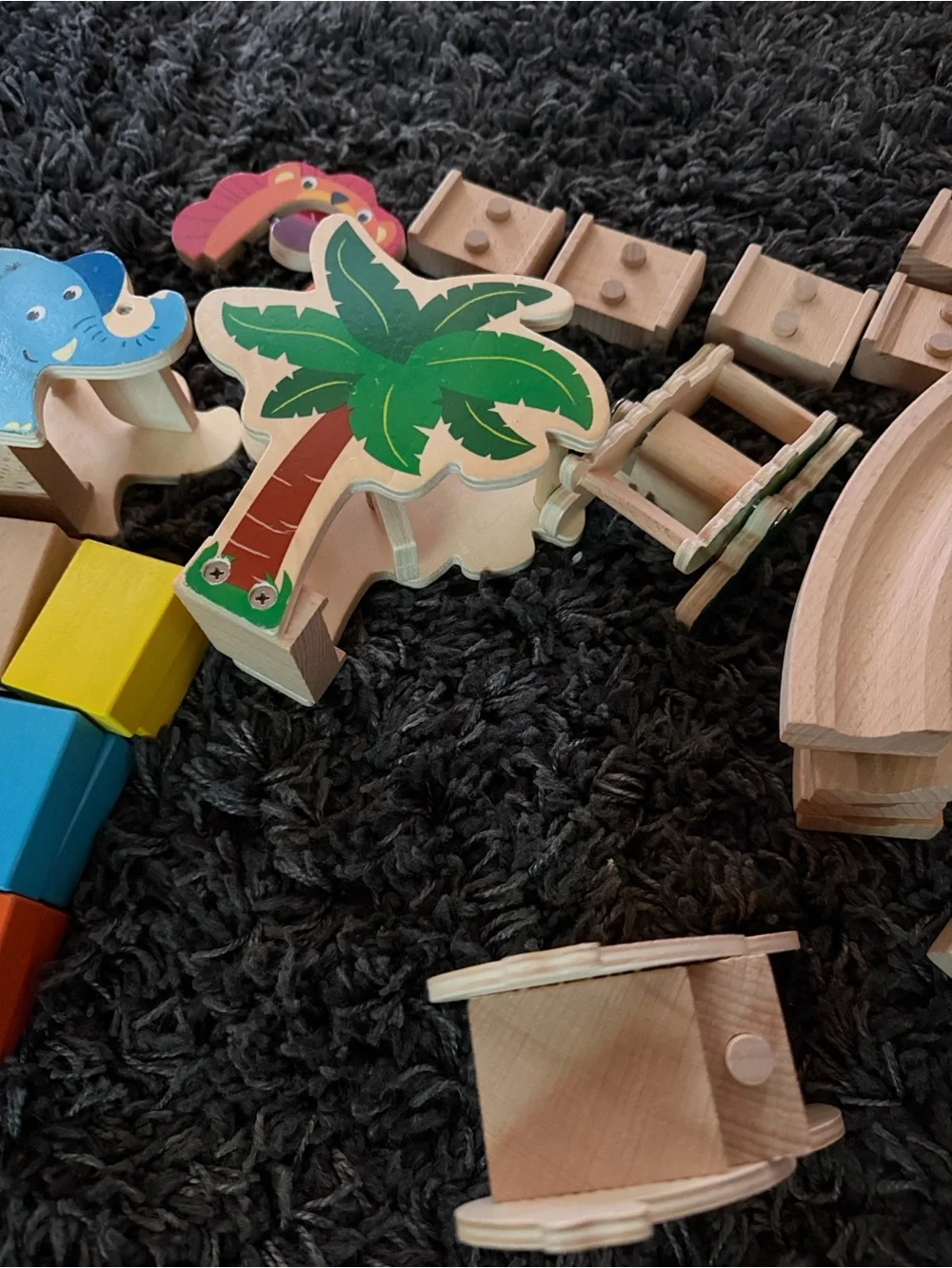 Wooden Train Track and Animal Block Playset - Natural Wood & Multicolor